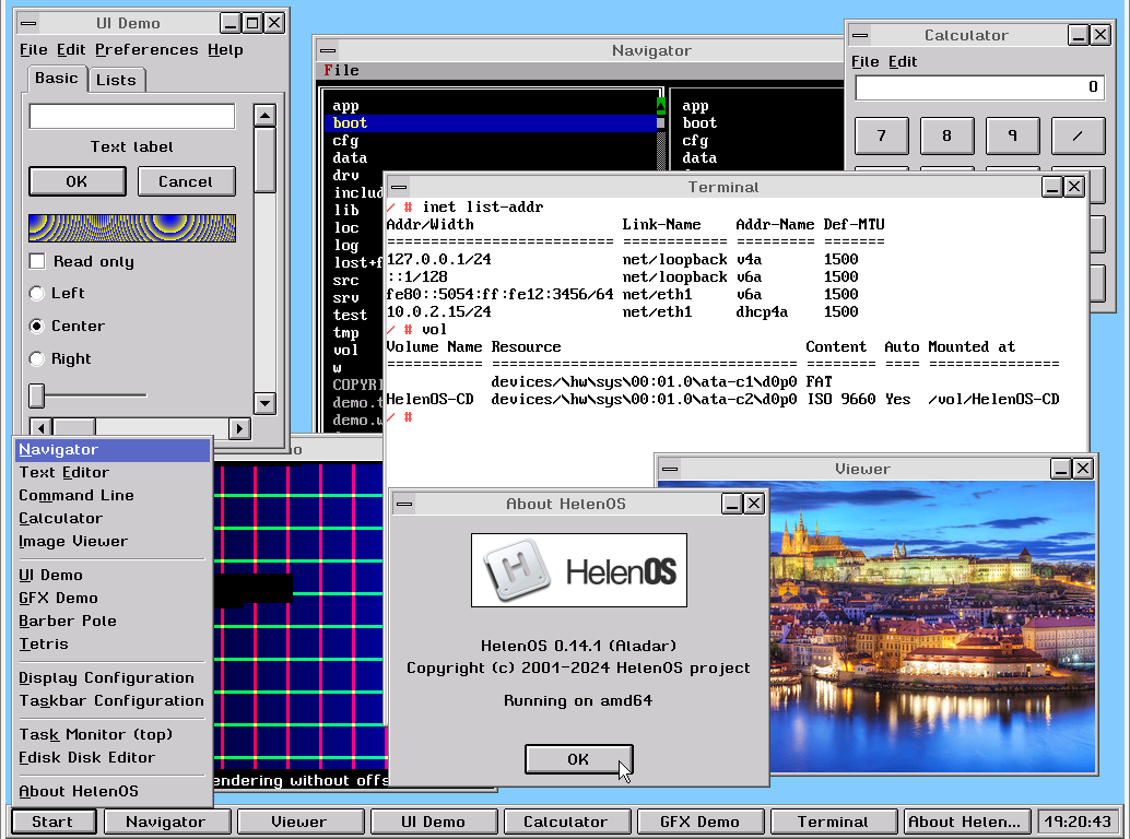 HelenOS features in a single screenshot GUI 0.14.1 All-in-one
