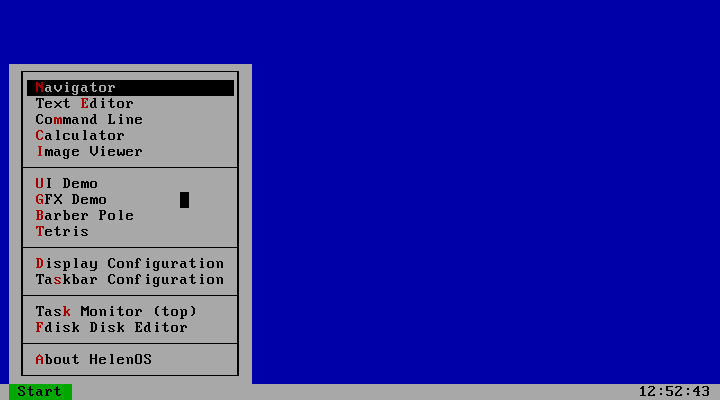 Start menu in text mode Start menu in text mode